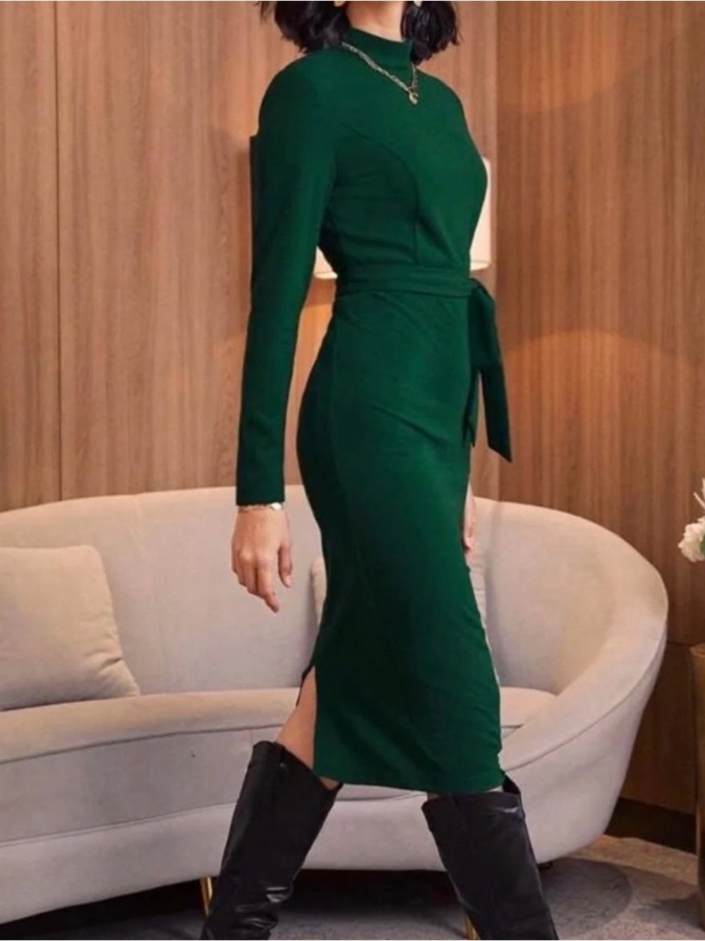 SHEIN Dark Green Long Sleeve Sheath Dress with Waist Tie